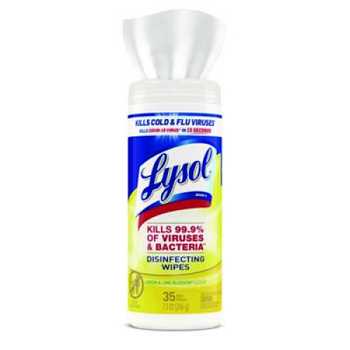 LYSOL Brand Disinfecting Wipes, 1-Ply, 7 x 7.25, Lemon and Lime Blossom, White, 35 Wipes/Canister, 12 Canisters/Carton (81145CT)