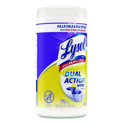 LYSOL Brand Dual Action Disinfecting Wipes, 1-Ply, 7 x 7.25, Citrus, White/Purple, 75/Canister (81700)