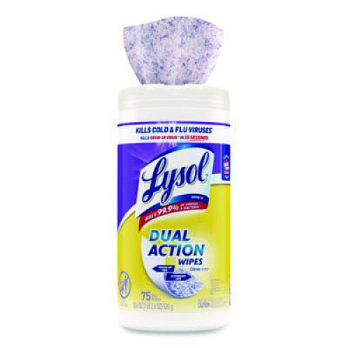 LYSOL Brand Dual Action Disinfecting Wipes, 1-Ply, 7 x 7.25, Citrus, White/Purple, 75/Canister (81700)