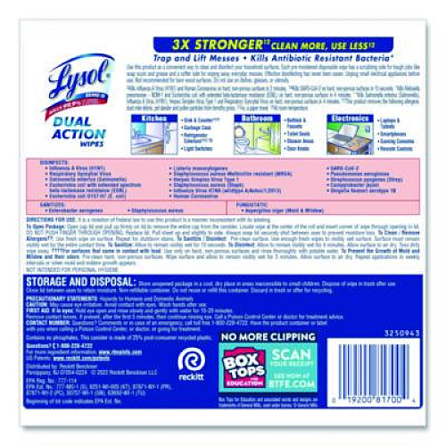 LYSOL Brand Dual Action Disinfecting Wipes, 1-Ply, 7 x 7.25, Citrus, White/Purple, 75/Canister (81700)