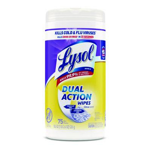 LYSOL Brand Dual Action Disinfecting Wipes, 1-Ply, 7 x 7.25, Citrus, White/Purple, 75/Canister, 6 Canisters/Carton (81700CT)
