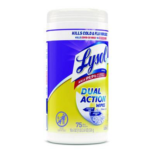 LYSOL Brand Dual Action Disinfecting Wipes, 1-Ply, 7 x 7.25, Citrus, White/Purple, 75/Canister, 6 Canisters/Carton (81700CT)