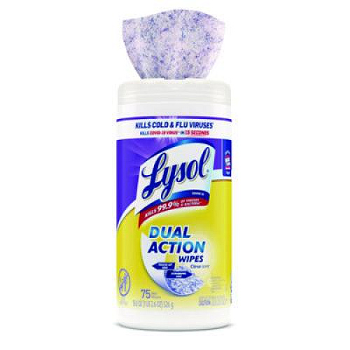 LYSOL Brand Dual Action Disinfecting Wipes, 1-Ply, 7 x 7.25, Citrus, White/Purple, 75/Canister, 6 Canisters/Carton (81700CT)