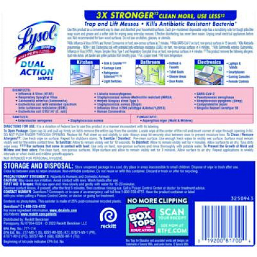 LYSOL Brand Dual Action Disinfecting Wipes, 1-Ply, 7 x 7.25, Citrus, White/Purple, 75/Canister, 6 Canisters/Carton (81700CT)