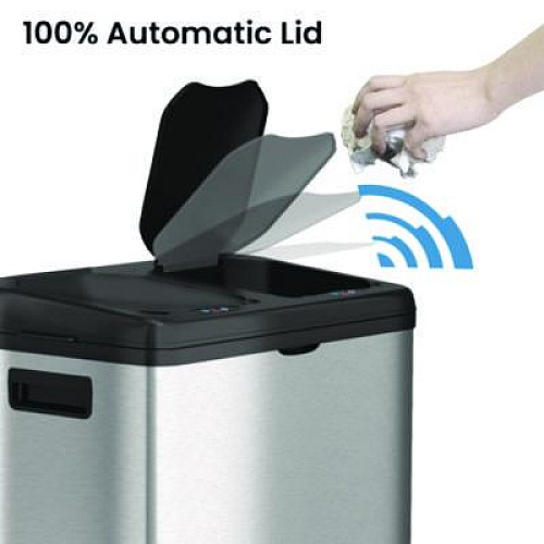 HLS Commercial Dual Compartment Sensor Recycle Bin and Trash Can with Wheels, 16 gal, Plastic/Stainless Steel, Silver/Black (HLS16DCSS)