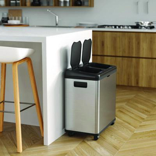 HLS Commercial Dual Compartment Sensor Recycle Bin and Trash Can with Wheels, 16 gal, Plastic/Stainless Steel, Silver/Black (HLS16DCSS)