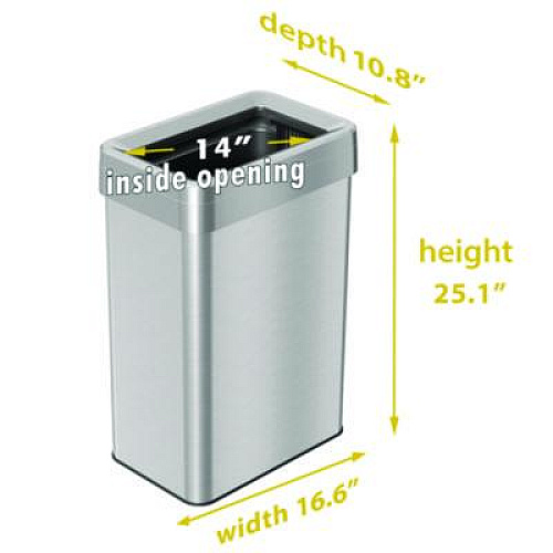 HLS Commercial Open Top Trash Can, Rectangular, 16 gal, Plastic/Stainless Steel, Silver (HLS16UOT)