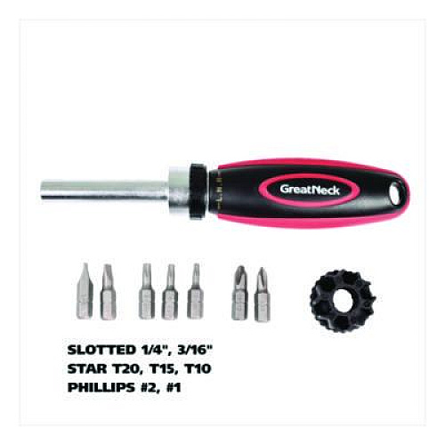 Great Neck Ratcheting Screw/Nut Driver Set, Phillips/Slotted/Star Bits, 7" Long, Black/Red (950DE)
