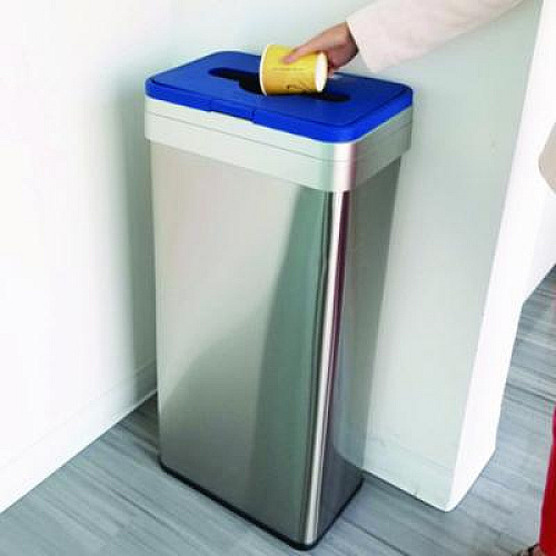 HLS Commercial Open Top Recycle Bin with Color-Coded Lid, 21 gal, Plastic/Stainless Steel, Silver/Blue (HLS21UOTREC)