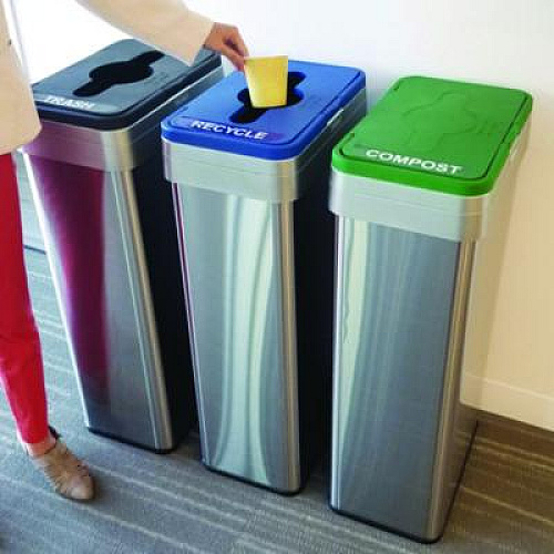 HLS Commercial Open Top Trash Can/Recycle Bin/Compost Bin w/Color-Coded Lids Set, 21 gal, Plastic/Stainless Steel, Silver/Black/Blue/Green (HLS21UOTTRIO)