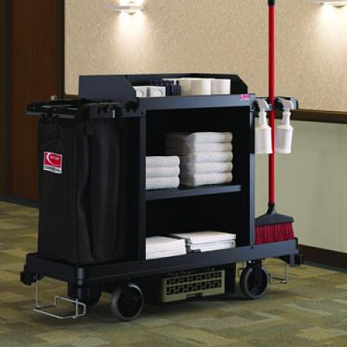 Suncast Commercial Standard Housekeeping Cart, Plastic, 1 Shelf, 24" x 62.13" x 49.75", Black (HKC1000)