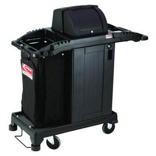 Suncast Commercial Compact Premium Housekeeping Cart, Plastic, 1 Shelf, 23.25" x 53.22" x 53.06", Black (HKCCH200)
