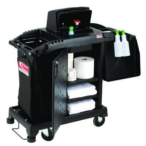 Suncast Commercial Compact Premium Housekeeping Cart, Plastic, 1 Shelf, 23.25" x 53.22" x 53.06", Black (HKCCH200)