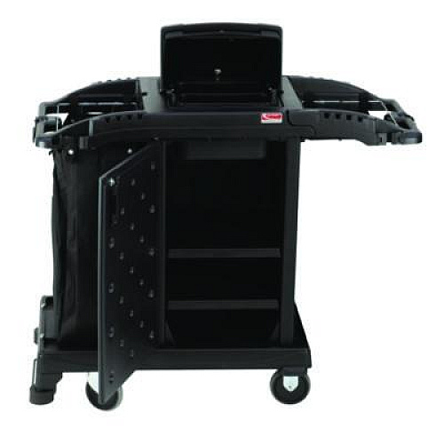Suncast Commercial Compact Premium Housekeeping Cart, Plastic, 1 Shelf, 23.25" x 53.22" x 53.06", Black (HKCCH200)