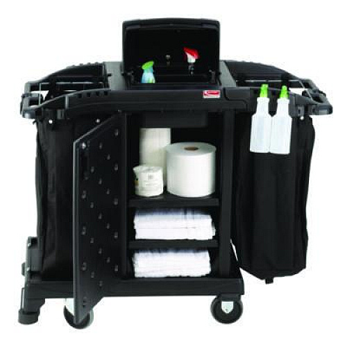 Suncast Commercial Compact Premium Housekeeping Cart, Plastic, 1 Shelf, 23.25" x 53.22" x 53.06", Black (HKCCH200)