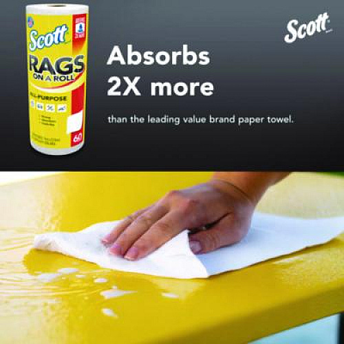 Scott Rags On A Roll, 1-Ply, 9.4 x 11, White, 60/Roll, 12 Rolls/Carton (54992)
