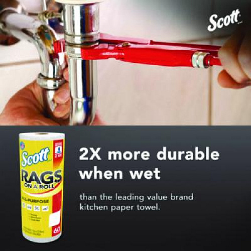 Scott Rags On A Roll, 1-Ply, 9.4 x 11, White, 60/Roll, 12 Rolls/Carton (54992)