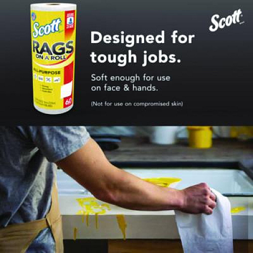 Scott Rags On A Roll, 1-Ply, 9.4 x 11, White, 60/Roll, 12 Rolls/Carton (54992)