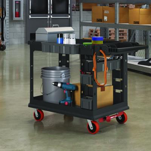 Suncast Commercial Heavy Duty Plus Utility Cart, Plastic, 2 Shelves, 6 Bins, Capacity, 26.5" x 48.78" x 34.81", Black (PUCHD2645)