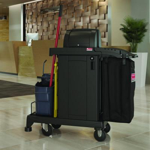 Suncast Commercial High Security Housekeeping Cart, Plastic, 1 Shelf, 3 Bins, 23.19 x 53.23 x 53.02, Black (CCH255A)