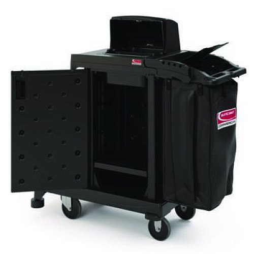 Suncast Commercial High Security Housekeeping Cart, Plastic, 1 Shelf, 3 Bins, 23.19 x 53.23 x 53.02, Black (CCH255A)