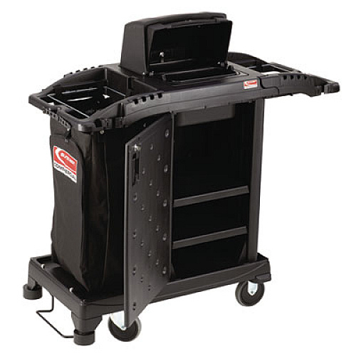 Suncast Commercial Compact Premium Housekeeping Cart, Plastic, 1 Shelf, 23.25" x 53.22" x 53.06", Black (HKCCH200)
