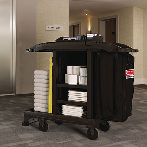 Suncast Commercial Compact Standard Housekeeping Cart, Plastic, 1 Shelf, 23.25" x 53.18" x 46.57", Black (HKCCT100)