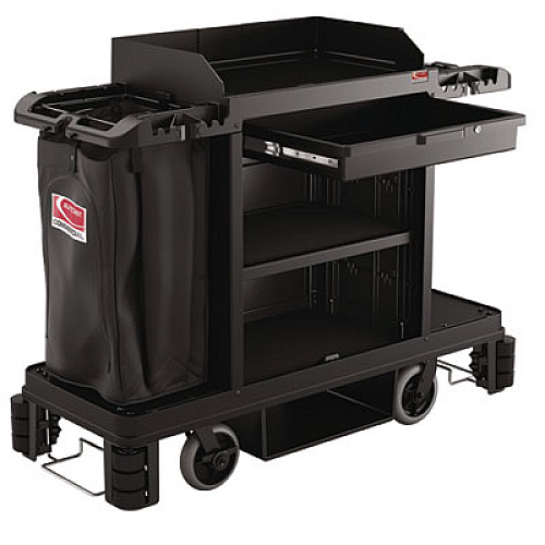 Suncast Commercial Partially Assembled Premium Housekeeping Cart, Plastic, 1 Shelf, 24 x 62.13 x 49.75, Black (HKC2002)