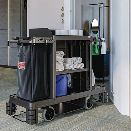 Suncast Commercial Partially Assembled Premium Housekeeping Cart, Plastic, 1 Shelf, 24 x 62.13 x 49.75, Black (HKC2002)
