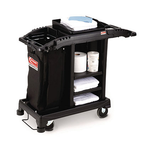 Suncast Commercial Compact Standard Housekeeping Cart, Plastic, 1 Shelf, 23.25" x 53.18" x 46.57", Black (HKCCT100)