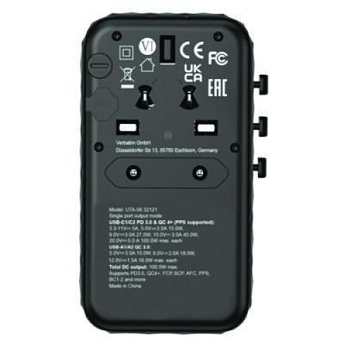 Verbatim UTA-06 Gan III Universal Travel Adapter, (2) USB-A/(2) USB-C/Quick Charge 4+ (32121)