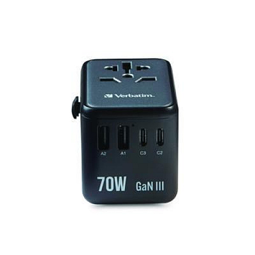 Verbatim UTA-09 Gan III Universal Travel Adapter, (2) USB-A/(2) USB-C/USB-C with Power Delivery 3.0 (32124)