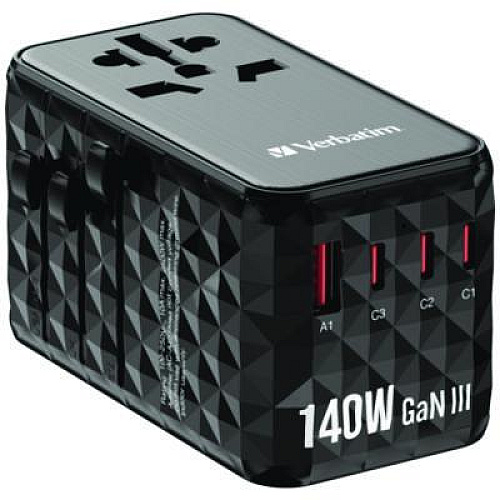 Verbatim UTA-10 GaN III Universal Travel Adapter, (3) USB-A/(3) USB-C (32125)