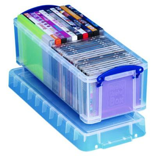 Really Useful Box Snap-Lid CD/DVD Storage Bin, 1.72 gal, 7.13" x 17.25" x 6.25", Clear/Blue (65C)
