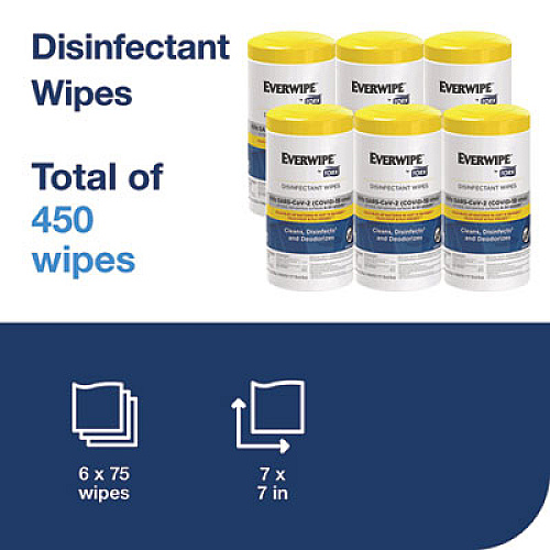 Everwipe by Tork Disinfectant Wipe Canisters, 1-Ply, 7 x 7, Lemon, White, 75 Sheets/Canister, 6/Carton (192820)