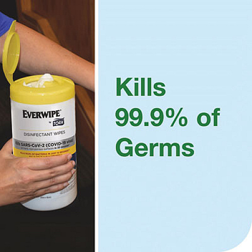 Everwipe by Tork Disinfectant Wipe Canisters, 1-Ply, 7 x 7, Lemon, White, 75 Sheets/Canister, 6/Carton (192820)