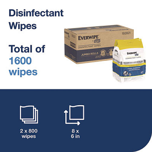 Tork Disinfectant Wipe Jumbo Rolls, 1-Ply, 8 x 6, Lemon, White, 800 Sheets, 2/Carton (192821)