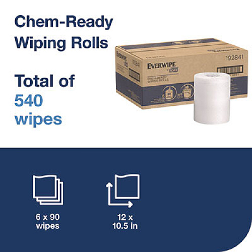 Everwipe by Tork Chem-Ready Wiping Rolls, 1-Ply, 12 x 12, White, 90 Sheets, 6 Rolls/Carton (192841)
