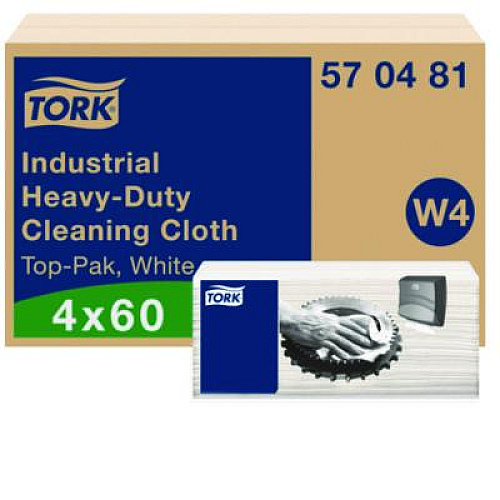 Tork Industrial Heavy-Duty Cleaning Cloth, 1-Ply, 13.97 x, 4.25, Unscented, White, 60 Cloths, 4/Carton (570481)