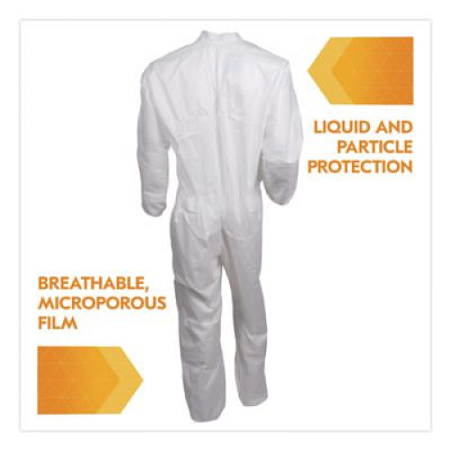 KleenGuard KGA35 Liquid and Particle Protection Coveralls, Elastic Wrist and Ankles, Large, White, 25/Carton (38927)