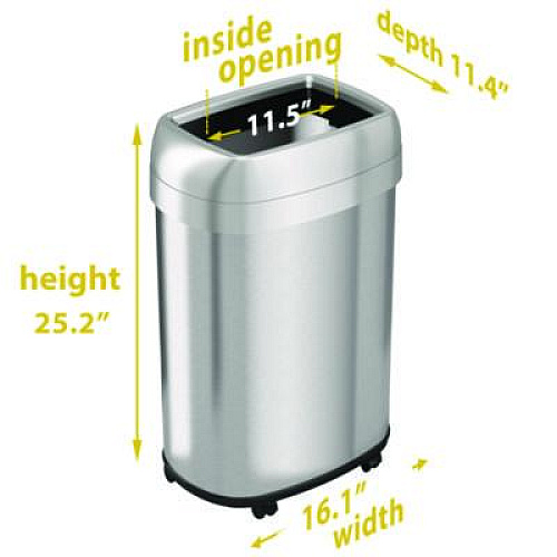 HLS Commercial Open Top Trash Can with Wheels, Oval, 13 gal, Plastic/Stainless Steel, Silver (HLS13STVM)