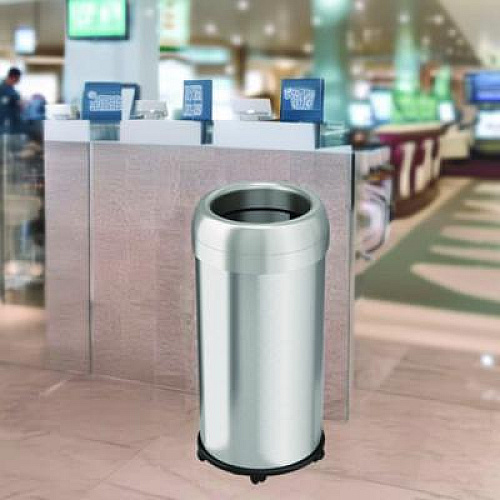 HLS Commercial Open Top Trash Can with Wheels, Round, 16 gal, Plastic/Stainless Steel, Silver (HLS16STRM)