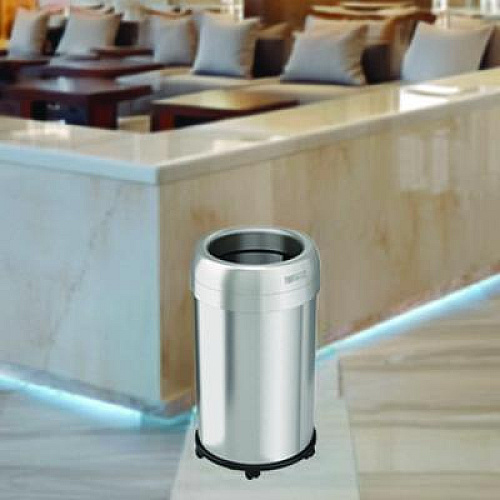 HLS Commercial Open Top Trash Can with Wheels, Round, 13 gal, Plastic/Stainless Steel, Silver (HLS13STRM)