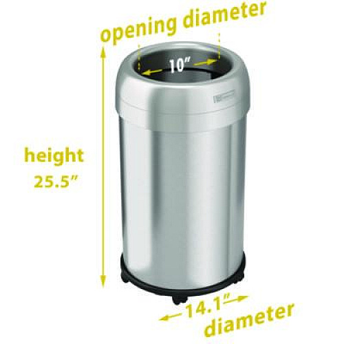 HLS Commercial Open Top Trash Can with Wheels, Round, 13 gal, Plastic/Stainless Steel, Silver (HLS13STRM)