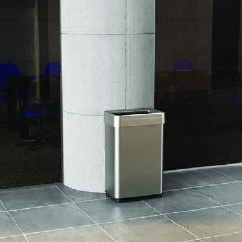 HLS Commercial Open Top Trash Can with Wheels, Rectangular, 16 gal, Plastic/Stainless Steel, Silver (HLS16UOTM)