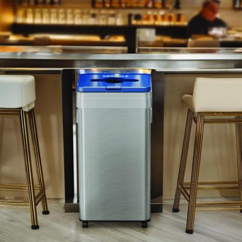 HLS Commercial Open Top Recycling Bin with Wheels and Color-Coded Lid, 21 gal, Plastic/Stainless Steel, Silver/Blue (HLS21UOTMREC)