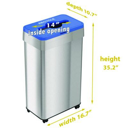 HLS Commercial Open Top Recycling Bin with Wheels and Color-Coded Lid, 21 gal, Plastic/Stainless Steel, Silver/Blue (HLS21UOTMREC)
