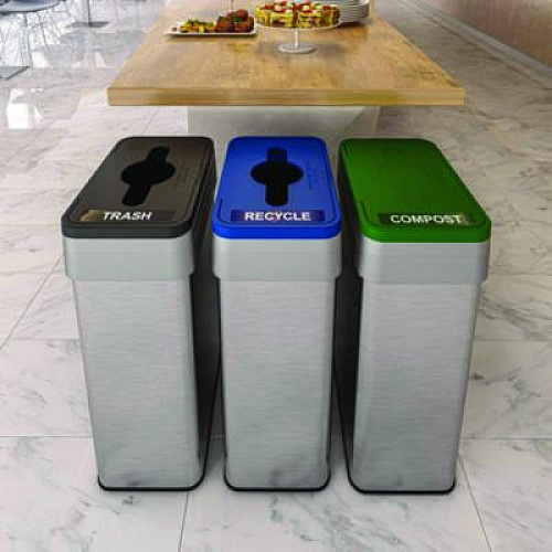 HLS Commercial Open Top Recycle Bin with Color-Coded Lid, 21 gal, Plastic/Stainless Steel, Silver/Blue (HLS21UOTREC)
