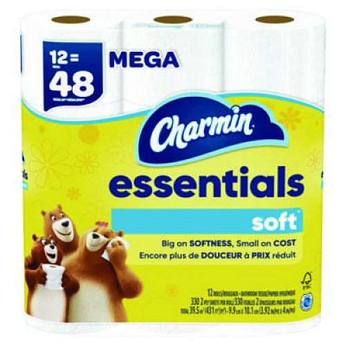 Charmin Essentials Soft Bathroom Tissue, Septic Safe, 2-Ply, White, 330 Sheets/Roll, 12 Rolls/Pack, 4 Packs/Carton (03154)