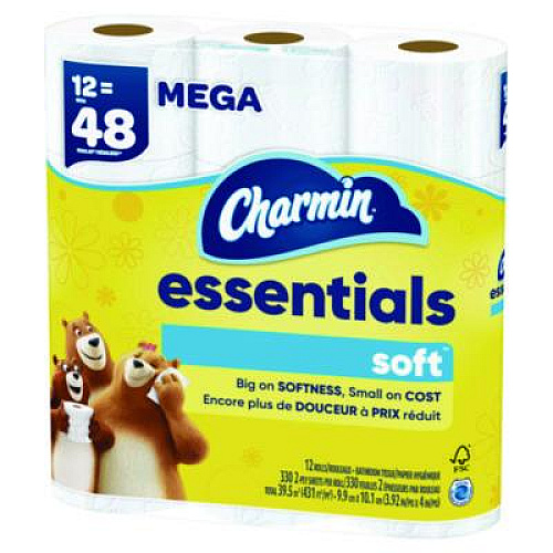 Charmin Essentials Soft Bathroom Tissue, Septic Safe, 2-Ply, White, 330 Sheets/Roll, 12 Rolls/Pack, 4 Packs/Carton (03154)